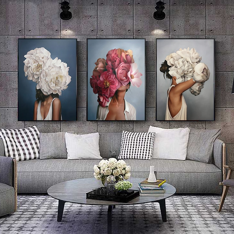 Flowers Woman Abstract Canvas Wall Art.