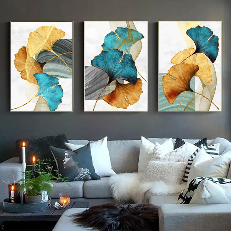 Blue Green Yellow Gold Plant Leaf Abstract Poster Nordic Canvas Print Wall Art Painting Modern Picture Living Room Decoration