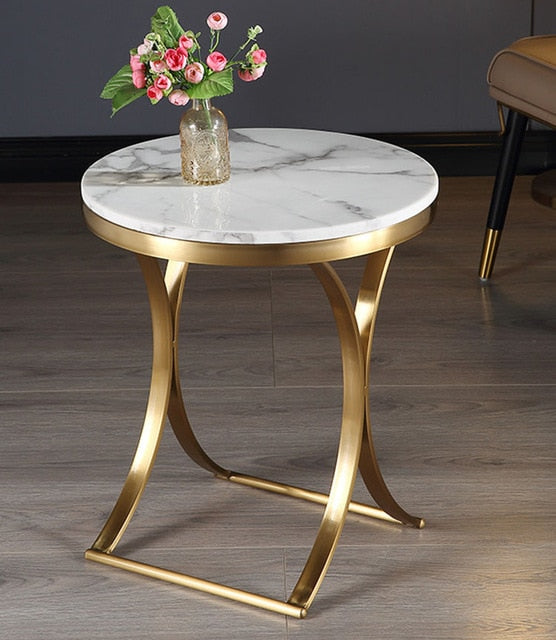 Modern marble top side table sofa bed end table small round coffee table stainless steel gold-plated frame