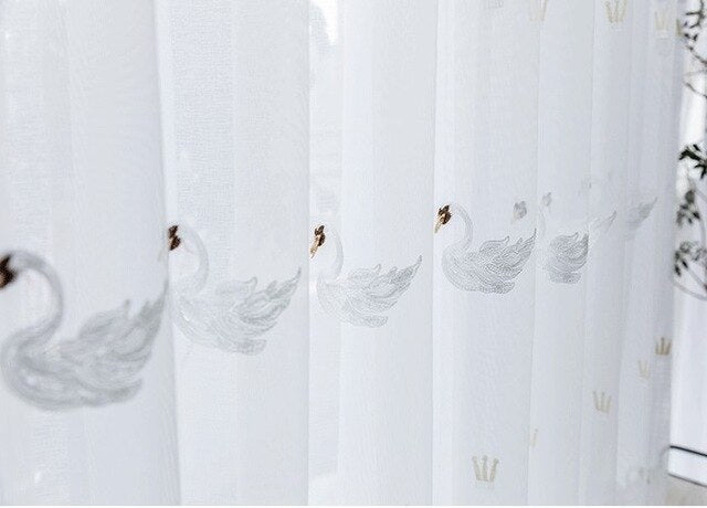 Pastoral Mesh Fabric Swan Embroidered Tulle Curtains for Girl Kids Bedroom Living Room White Sheer Window Screens Kitchen