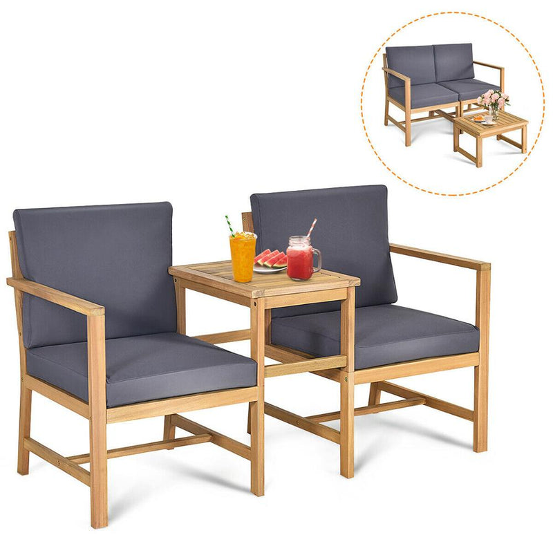 3PCS Patio Table Chairs Solid Wood Sectional Set