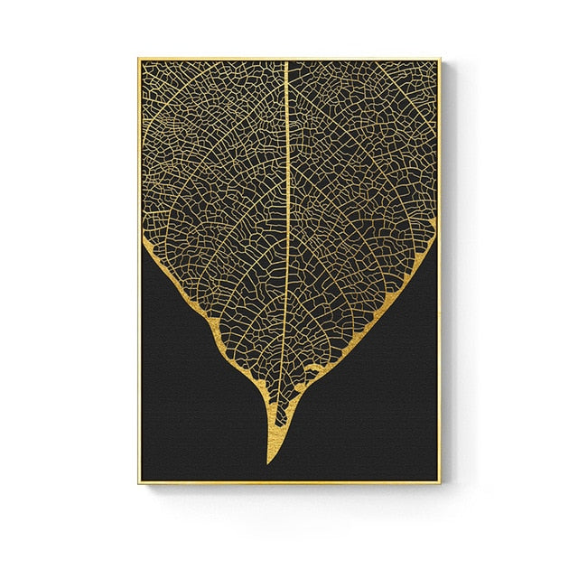 Nordic Golden abstract leaf flower Wall Art Canvas Painting Black white feathers Poster Print Wall Picture for Living Room Decor