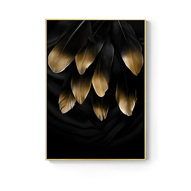 Nordic Golden abstract leaf flower Wall Art Canvas Painting Black white feathers Poster Print Wall Picture for Living Room Decor