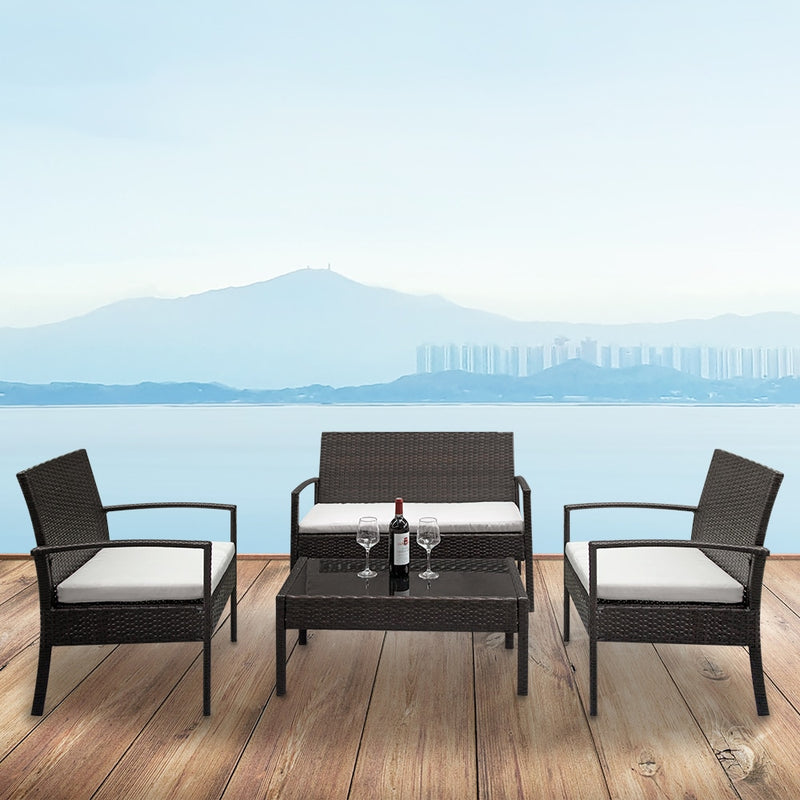 Outdoor Furniture 2pcs Arm Chairs 1pc Love Seat & Tempered Glass Coffee Table Rattan Sofa Set Brown Gradient
