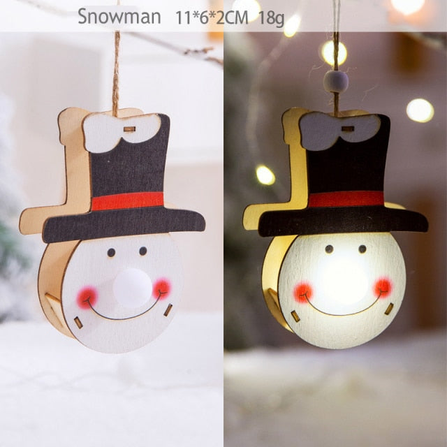 Christmas Ornaments Wooden Hanging Pendant LED Light Santa Claus Christmas Decorations For Home Tree Decor Kids Gift Wood Crafts