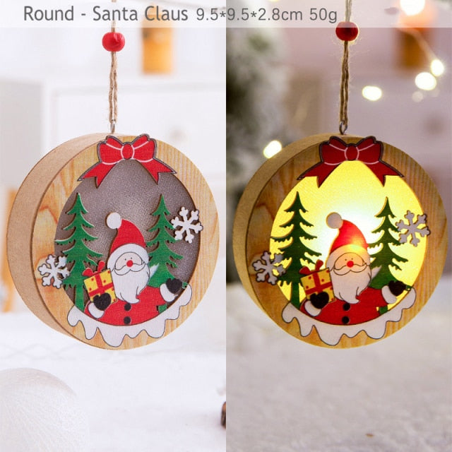 Christmas Ornaments Wooden Hanging Pendant LED Light Santa Claus Christmas Decorations For Home Tree Decor Kids Gift Wood Crafts