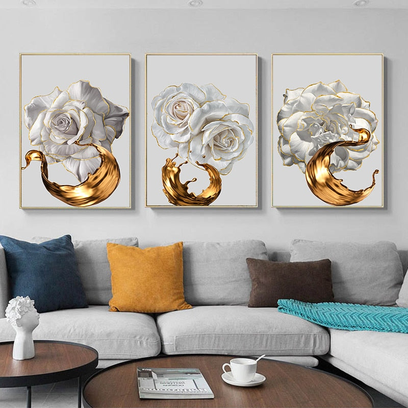 White Rose Flower Golden Ink Splash Abstract Poster Nordic Art Plant Canvas Painting Modern Wall Picture for Living Room Decor