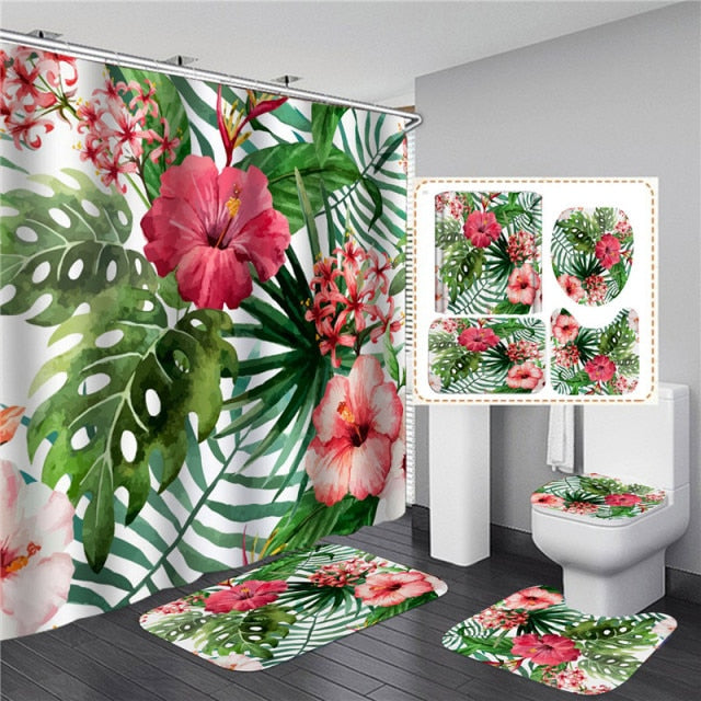 Elegant Leaves Big Flowers Print Shower Curtain