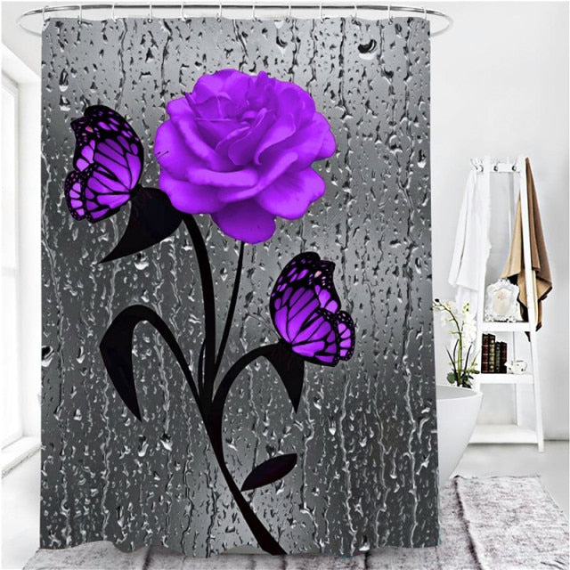 3D Rose Shower Waterproof Bathroom Curtain Set