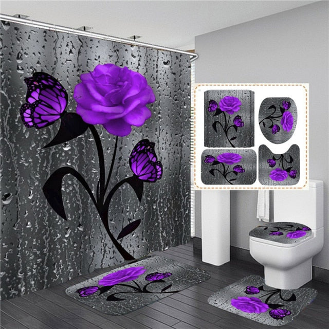 3D Rose Shower Waterproof Bathroom Curtain Set