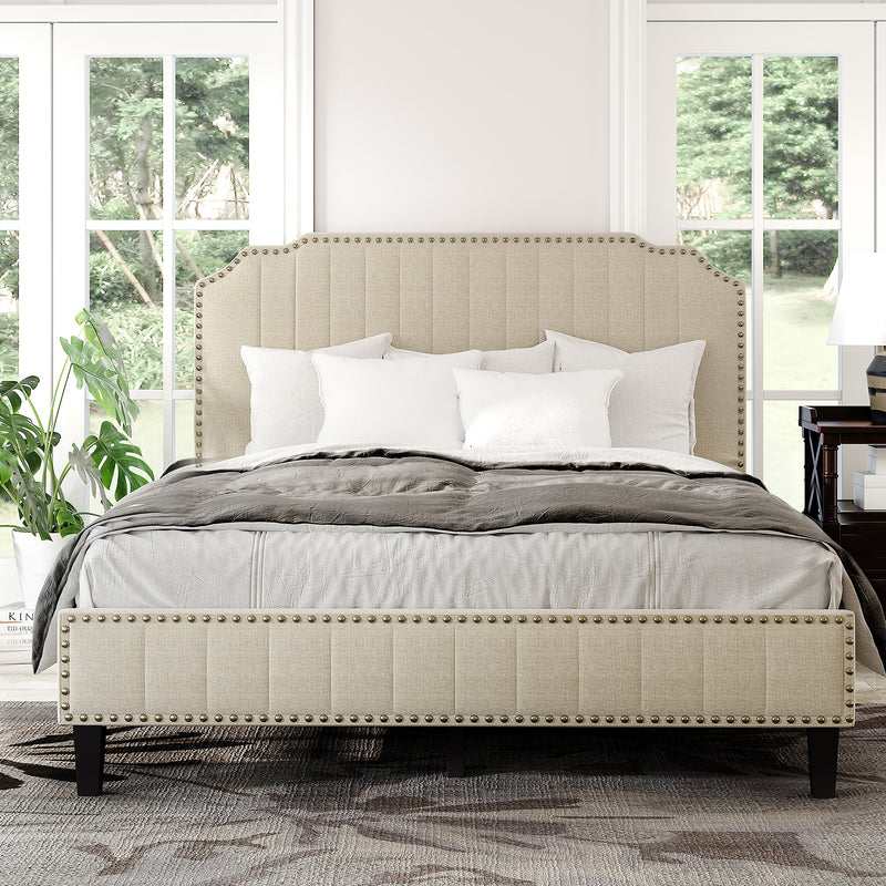 Modern Linen Curved Upholstered Platform Bed  Solid Wood Frame Nailhead Trim