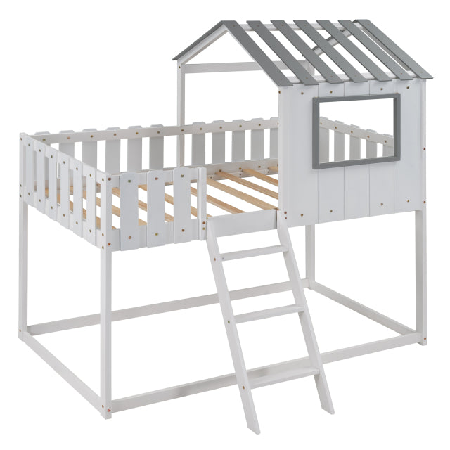 Bunk House Bed Frame Twin Size with Rustic Fence-Shaped Guardrail Pine White[US-W]