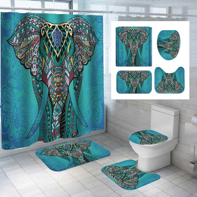 Elephant Bathroom Shower Curtain and Non-slip Bath Mat Set