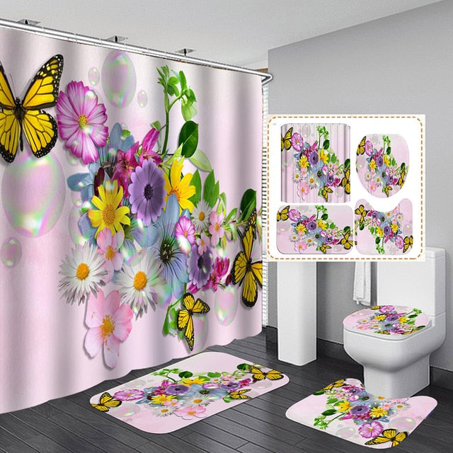 Flower Fabulous Fabric Shower Curtains Bath Mats Rugs Set